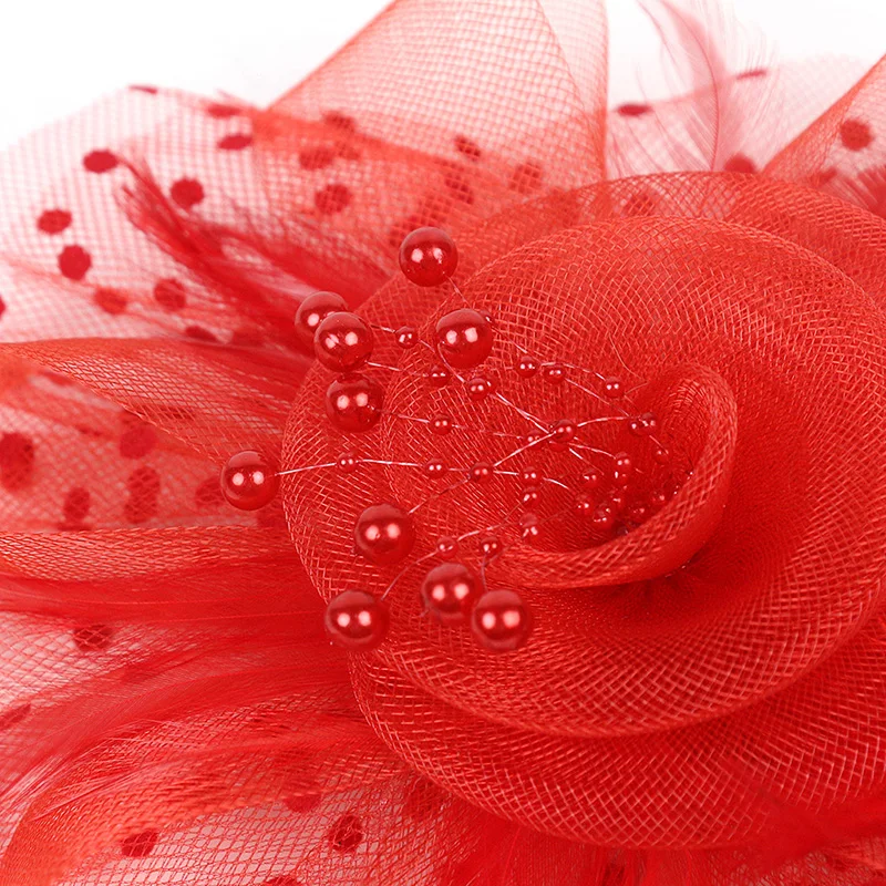 

Red Black Mesh Feather Pearl Wedding Hats Fascinator Bridal Headwear Flowers for Brides Wedding Evening Party Hair Accessories