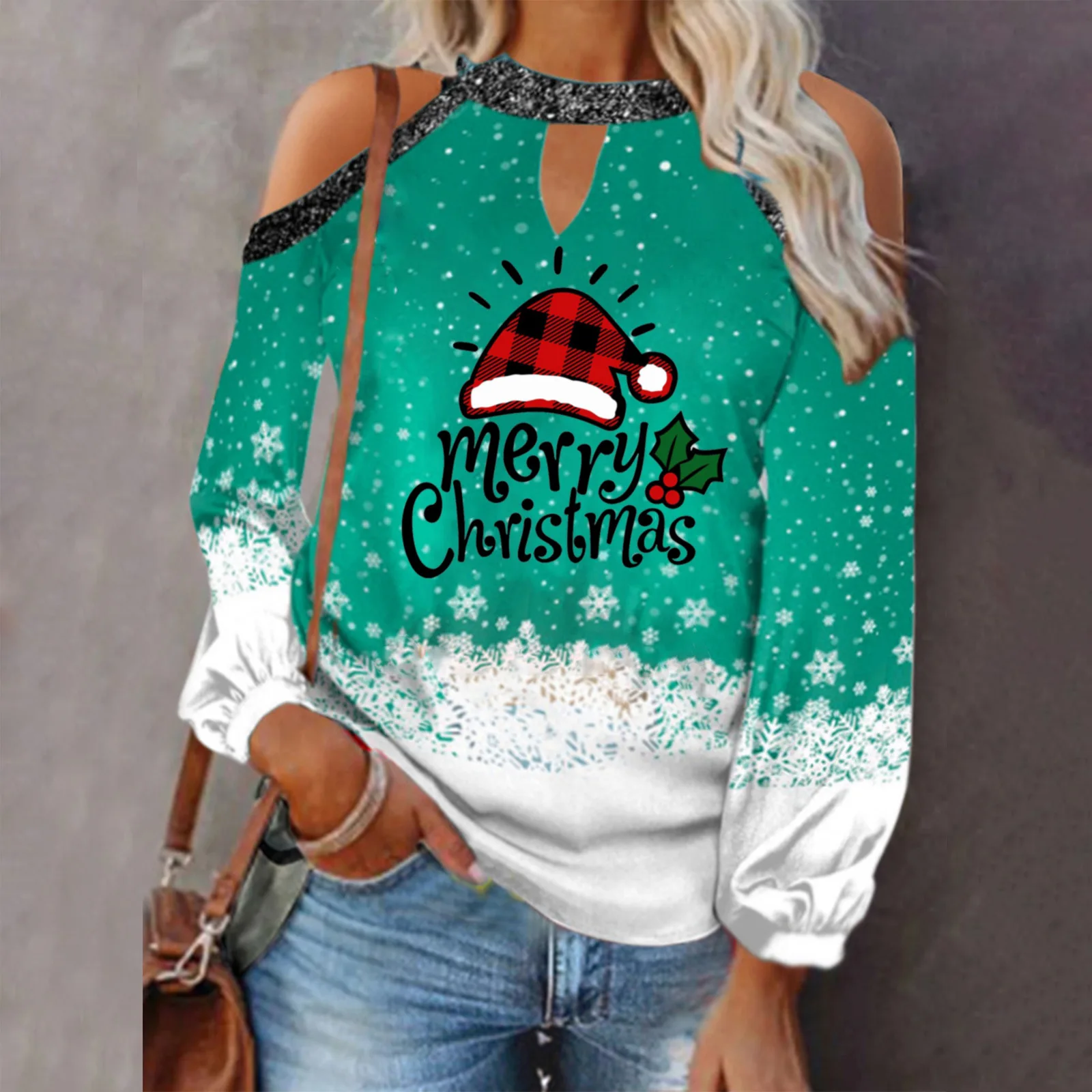 

Autumn Christmas Hat Print Women Clothes T-Shirt Loose Casual Long Sleeve Sexy Off Shoulder Streetwear Spring Ladies Shirt Tops