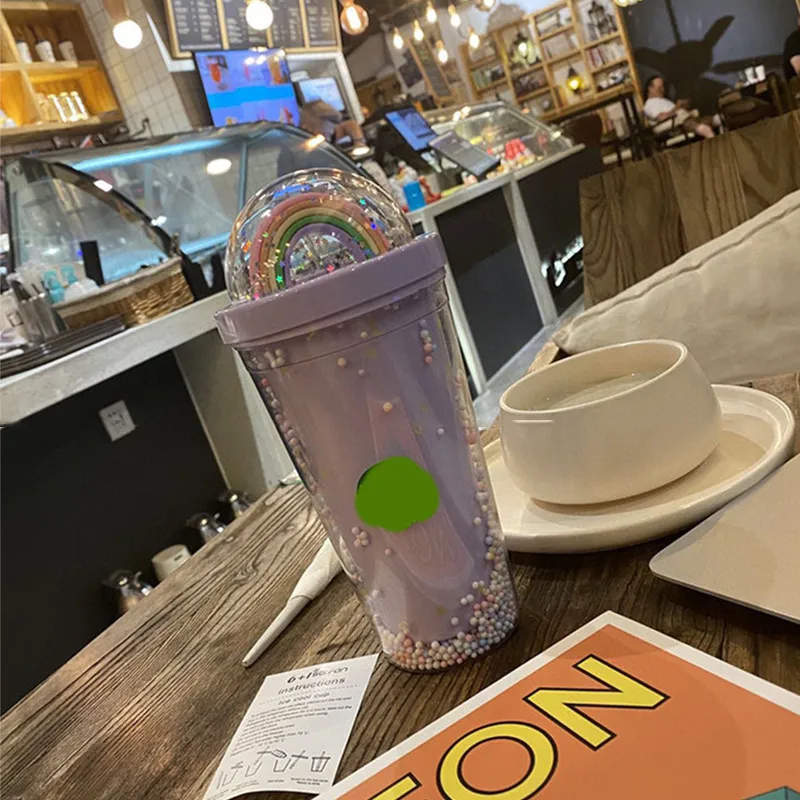 

710ML /450ML Rainbow Cup Diamond radiant goddess straw cup with straw With Lid With LOGO Coffee mug Double-layer Durian cup