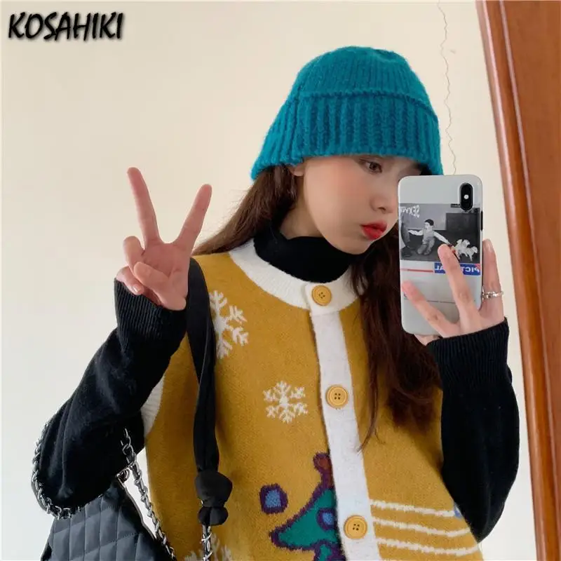 

KOSAHIKI Women Sweater Vest Spring and Autumn Loose Cartoon V-neck Sleeveless Harajuku Sweaters Vest Jacket Women's Waistcoat