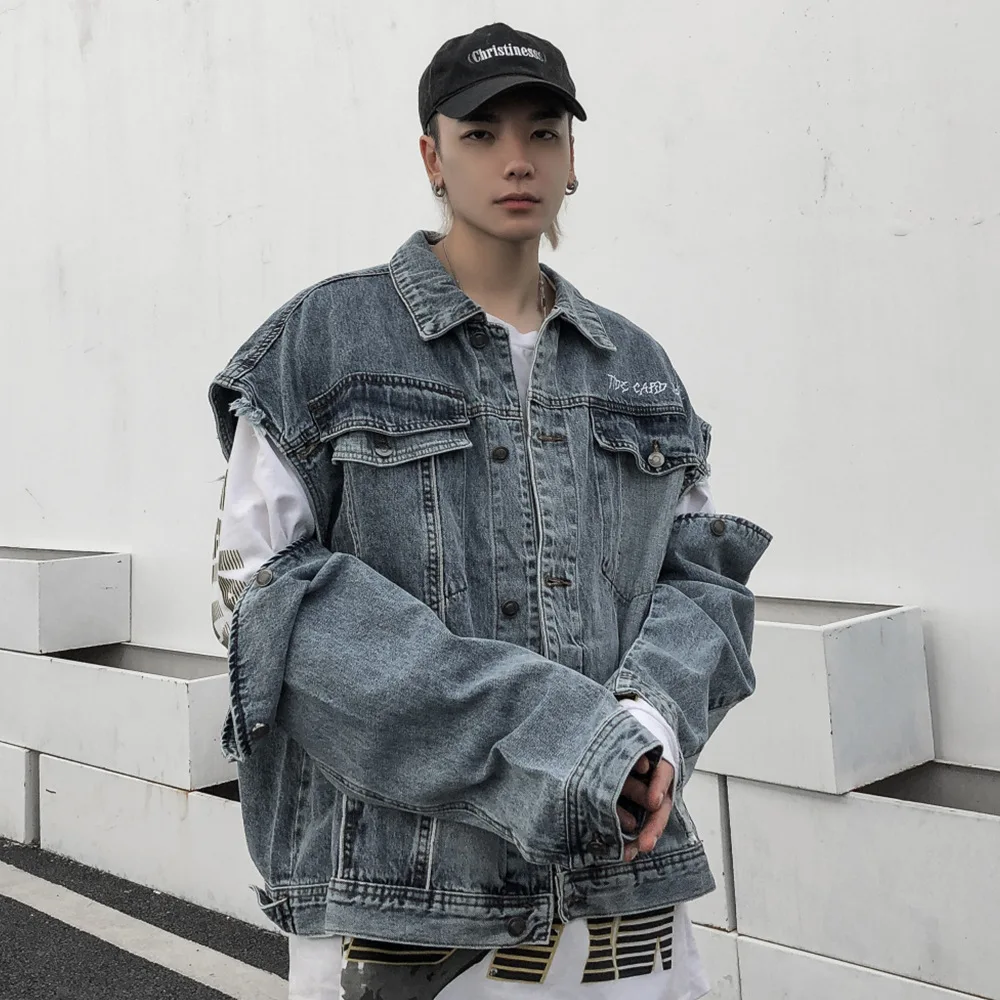 

Detachable Sleeves Vintage Denim Jackets Streetwear 2021 Hip Hop Casual Punk Rock Jeans Jacket Coats Outwear Hipster Tops WQ344