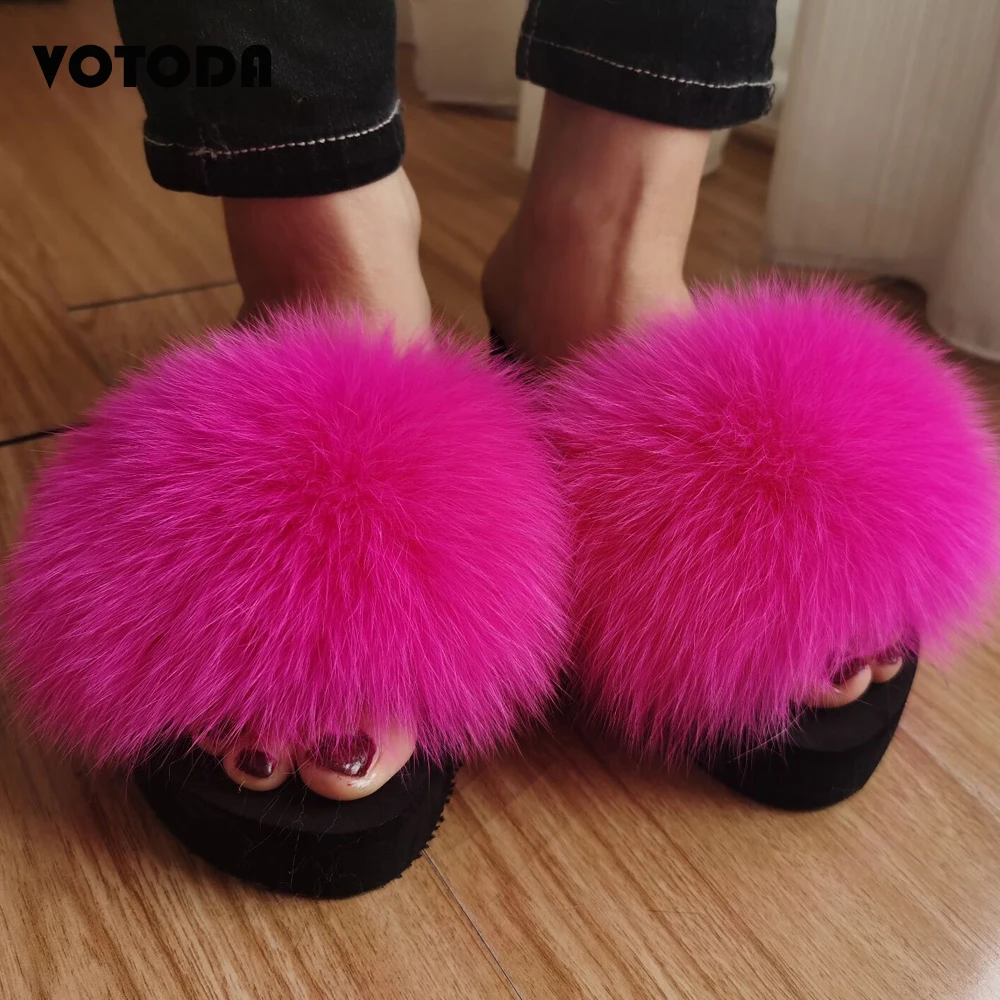 

Summer Women Real Fox Fur Slippers High Heel Fur Slides Female Fluffy Sandals Casual Flip Flops Fashion Ladies Fur Wedge Shoes