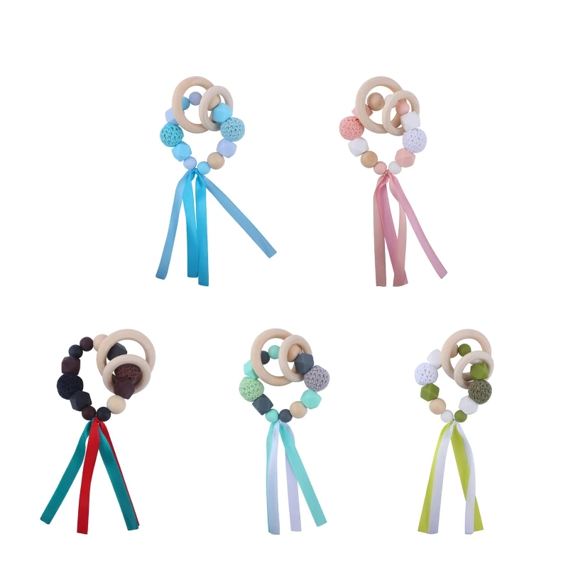 

Baby Ribbon Wooden Ring Teether Rattle Nursing Chewing Teething Toy Bracelet BPA-free Silicone Beads Molar Soother K92D