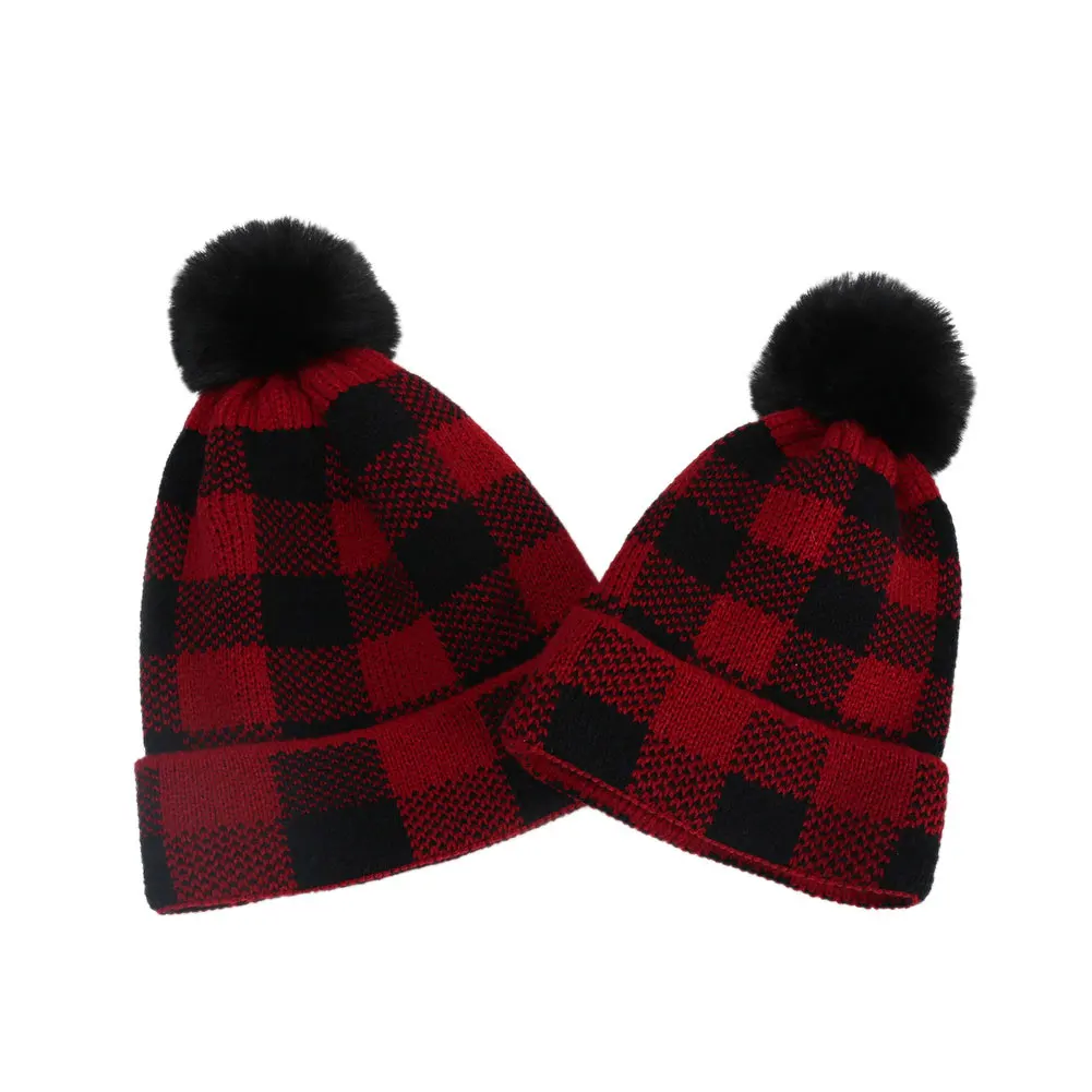 Christmas Warm Winter Cap for Adults Kids with Small Balls Mom Knitted Hats New Fashion Red Plaid Print Woolen Yarn Caps | Детская