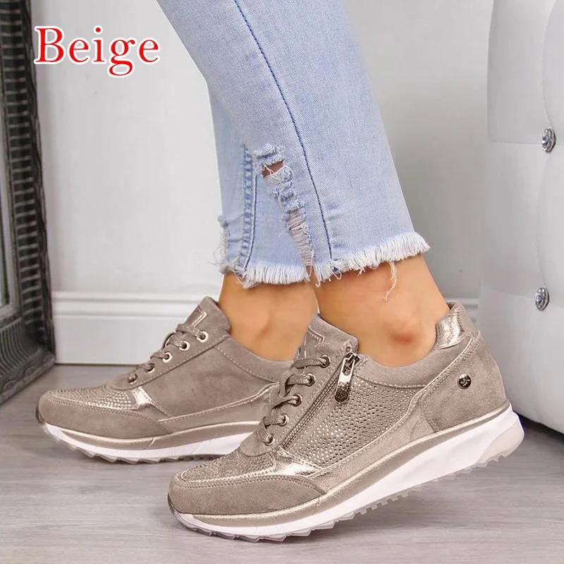 beige 4 Женская обувь на танкетке; сезон лето-осень; повседневные парусиновые кроссовки; дышащие кроссовки на платформе; туфли-лодочки с острым носком; обувь из сетчатого материала - Цвет: beige 4