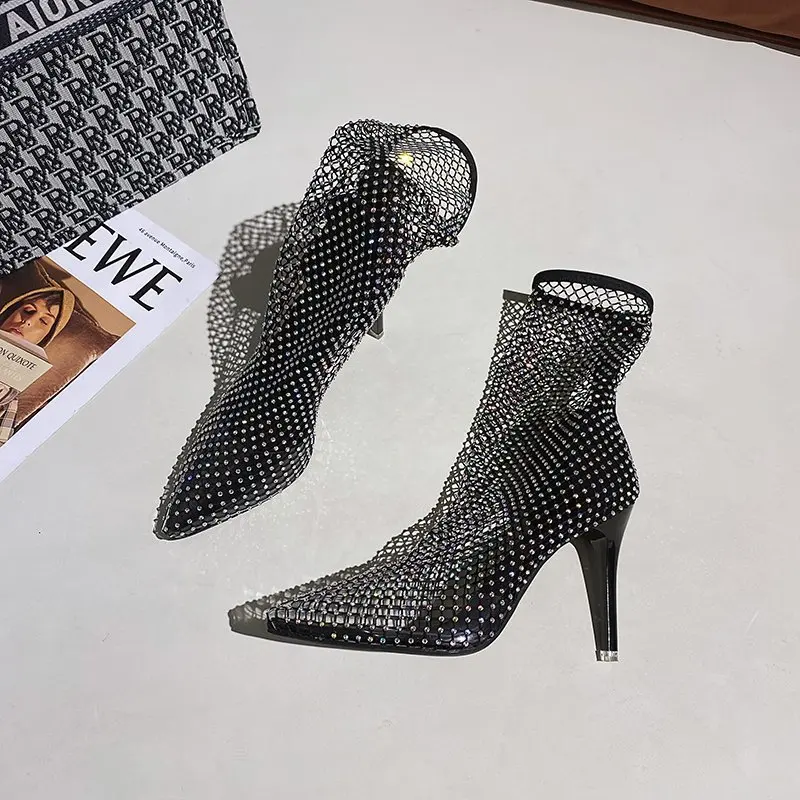 Пикантные вечерние женские ботинки Женская обувь на высоком каблуке со стразами