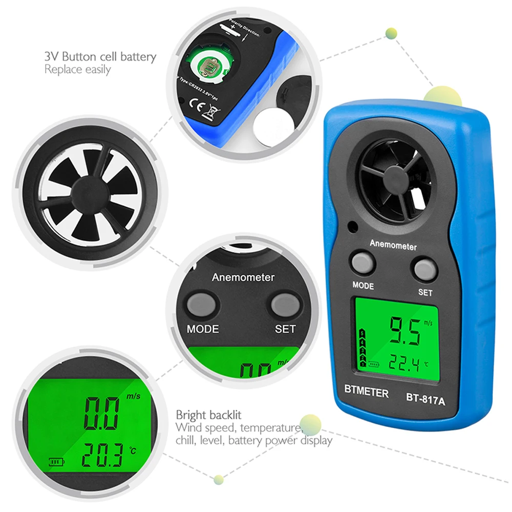 Цифровой ручной анемометр BTMETER устройство с ЖК дисплеем для измерения скорости