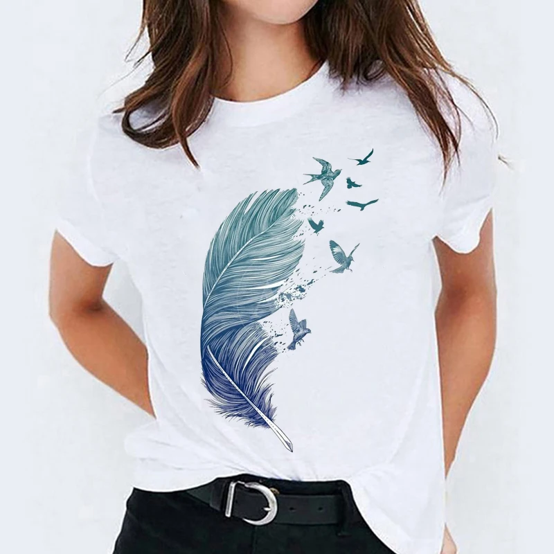 

T-shirts Top for Women Watercolor Feather Bird Cartoon 90s Casual Print Lady Womens Graphic T Shirt Ladies Female Tee T-Shirt
