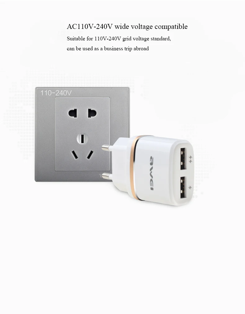 Awei C-930, двойной USB, универсальный AC110-240V для быстрой зарядки, для iphone 7, 8, huawei, разъем для телефона, быстрая зарядка, зарядное устройство для samsung S8, S9