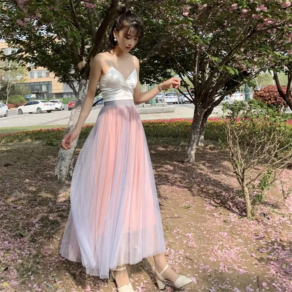 Юбка-пачка Женская плиссированная средней длины Тюлевая эластичная сетчатая с