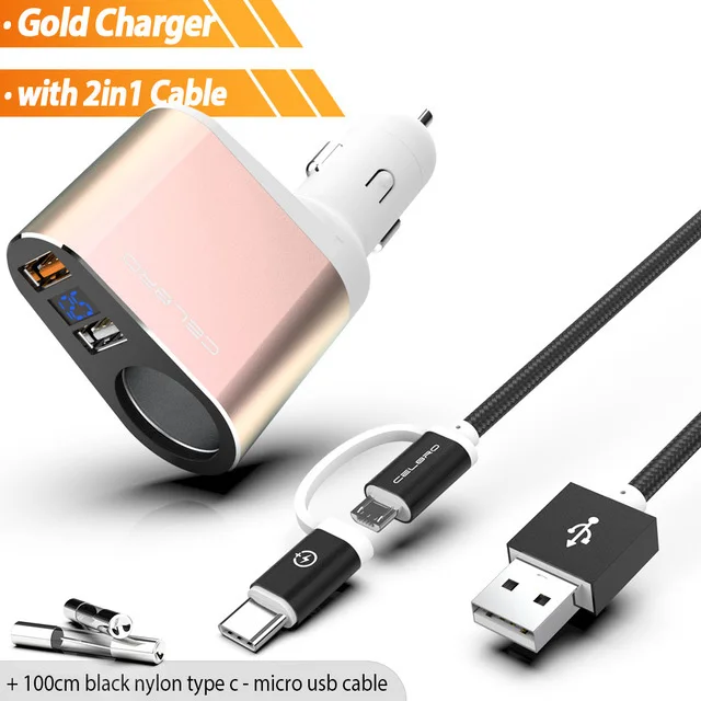 gold charger w cable Автомобильное зарядное устройство Quick Charge 3,0 Qc3.0 Dual Usb Автомобильное зарядное устройство адаптер цифровой светодиодный дисплей Быстрая зарядка для мобильного телефона samsung - Тип штекера: gold charger w cable