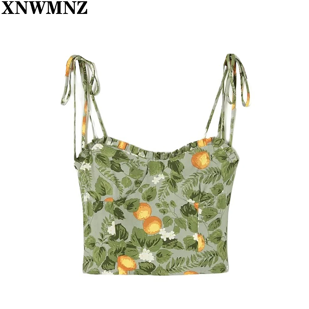 

XNWMNZ women‘s Vintage Yellow Lemon Print Green Slim Women Top back Elastic Tank Top Adjust Spaghetti Straps chic Summer Camis