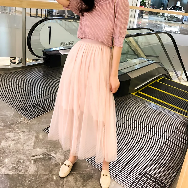 Летние однотонные сетчатые юбки Женская плиссированная юбка Элегантные