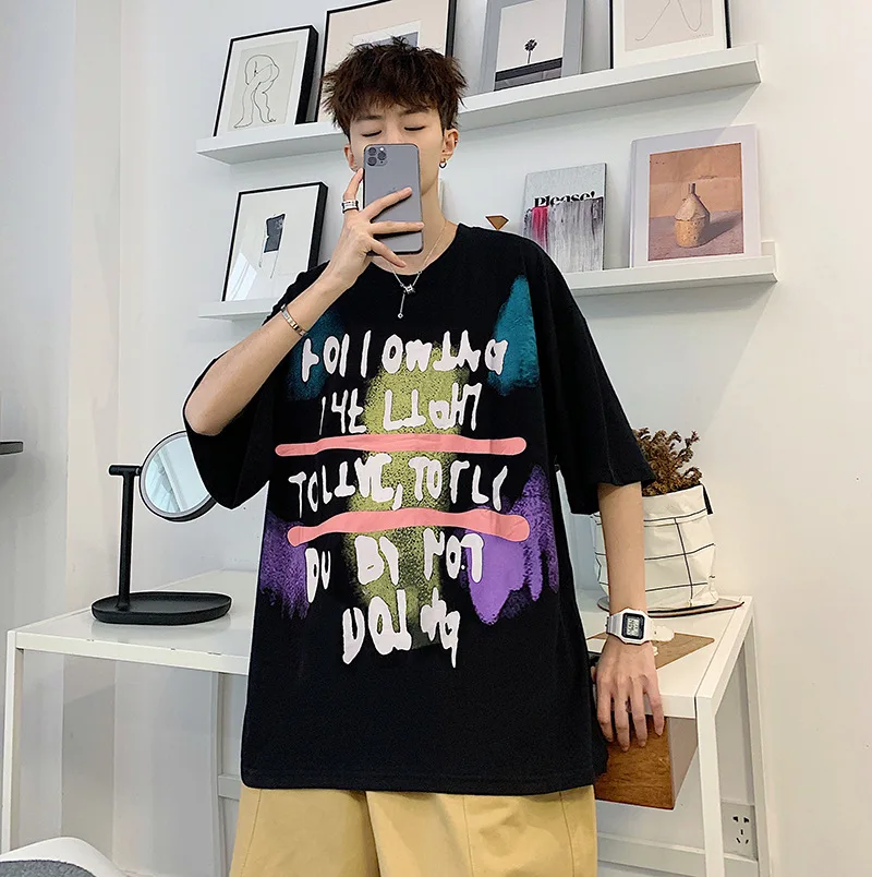 

20201 Summer products short-sleeved T-shirt male Korean version loose men Hong Kong style t-shirt men's youth half-sleeved shirt