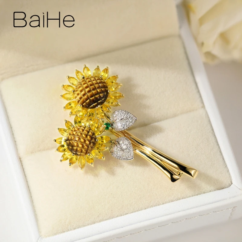 BAIHE Solid 14K White+Yellow Gold Natural Diamonds+Tiger's eye+Tsavorite+Yellow Sapphirs Fine Jewelry Sun flower Pendant брошь |