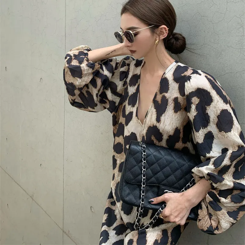 

Long Sleeve Dress Summer Midi Leopard Print Slit V-Neck Loose Dresses For Women 2022 New Clothes Dresses Smart Casual Sundress