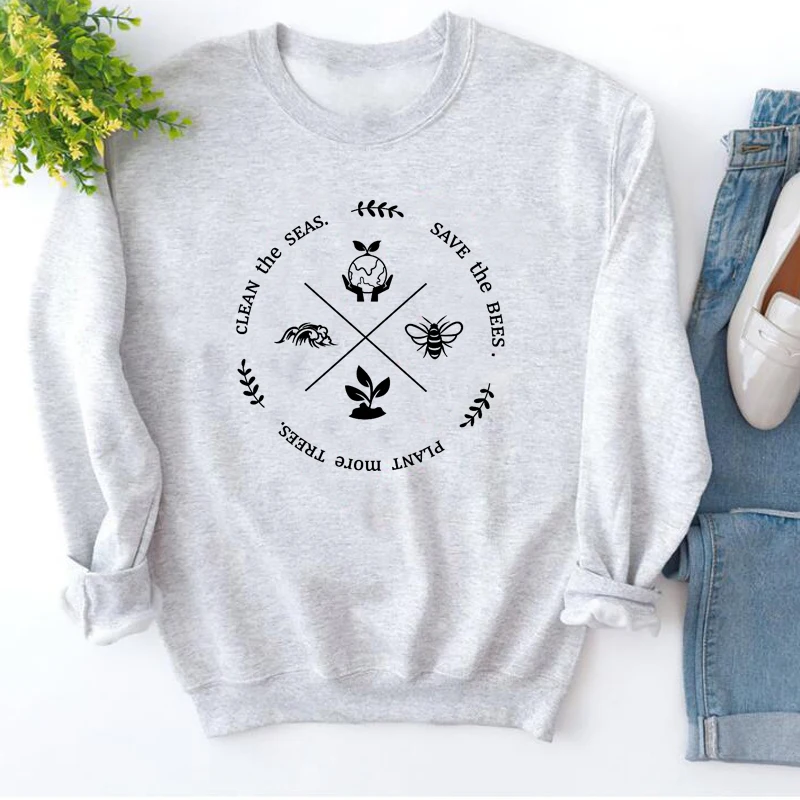

Clean The Seas Save The Bees Plant More Trees Nature Women Sweatshirt Long Sleeve Jumper Save The Earth Top Dropshipping Clothes