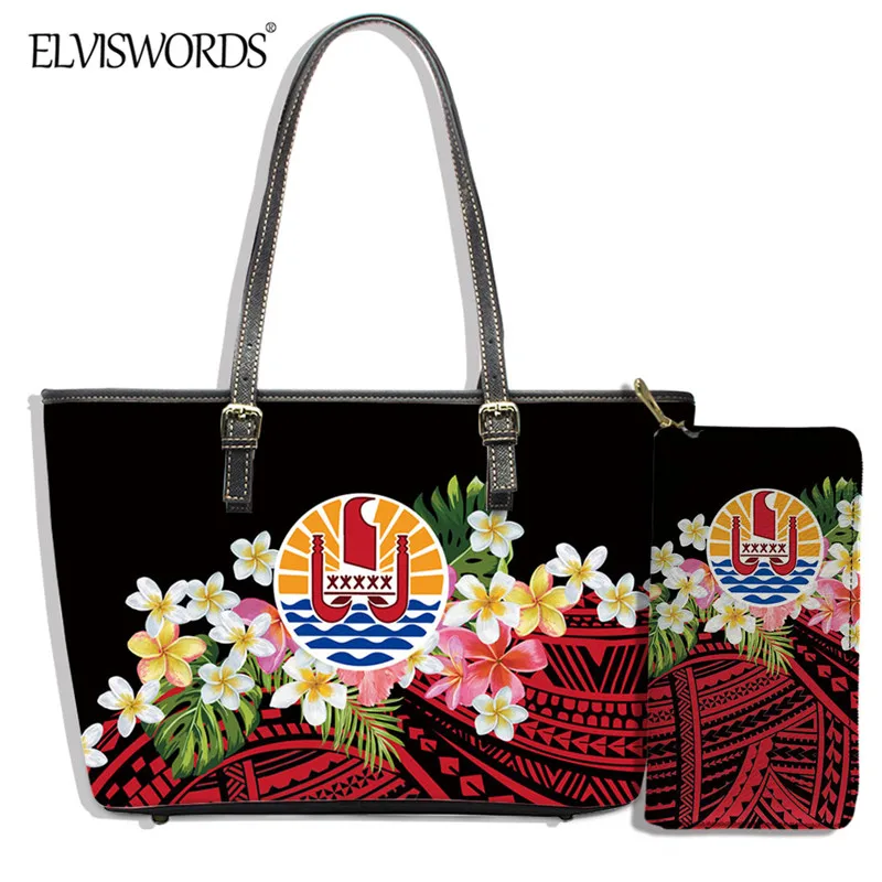 

ELVISWORDS Polynesian Florals With Tribal Pattern Women Fashion Large Tote and Purse Tahiti Flag Print Leather Shoulder Handbag