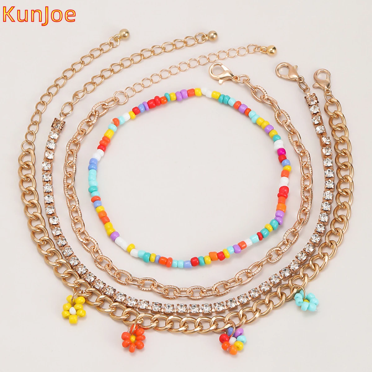 

KunJoe New Multilayer Hip Hop Floral Flower Beads Anklet Women Bohemian Barefoot beach Rhinestone Ankle Chain Girl Jewelry Gift