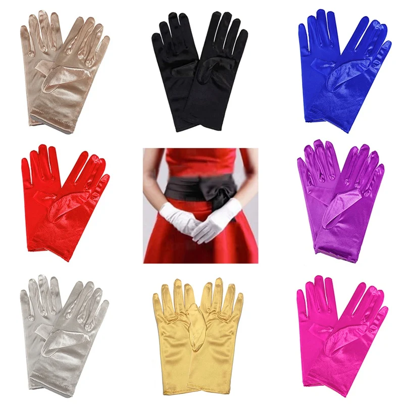 

1PC Girl Lady Satin Short Finger Wrist Gloves Smooth Evening Party Formal Prom Costume Stretch Gloves Red White Etiquette Glove