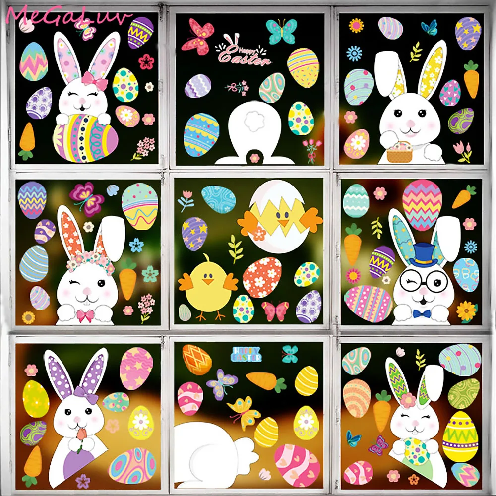

9pcs Happy Easter Window Stickers Colorful Easter Eggs Bunny Rabbit No Glue Refrigerator Sticker for Home Decoration Wall Decals