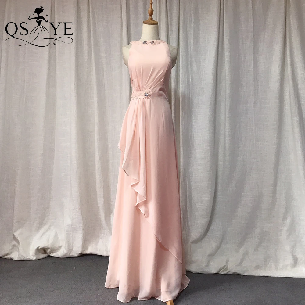 

Pink Chiffon Prom Dresses Long Bead Halter Evening Gown Ruched Waist Formal Party Gown Bead Belt Straight Blush Bridesmaid Dress