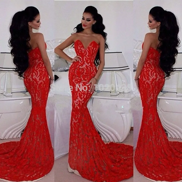 

Vestido de festa Fabulous Sweetheart Off Shulder Long Red Lace Mermaid Prom Dress 2015 Court Train free shipping evening dresses