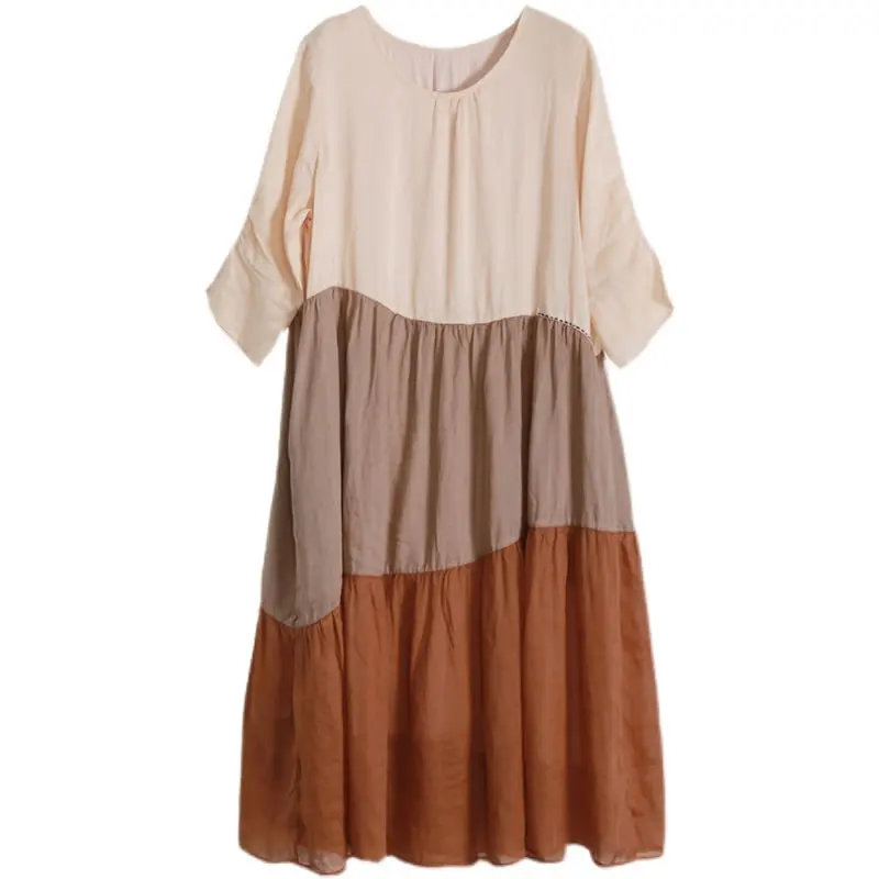 

XITAO Contrast Color Patchwork Dress Casual Loose Three Quarter Sleeve Big Hem A-Line 2021 Summer Fashion New Pullover WMD0424