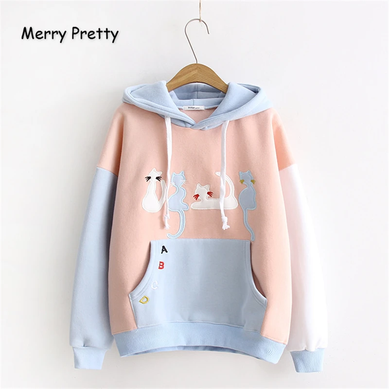 Merry Pretty, Женская толстовка с капюшоном, зимняя, мультяшная кошка, вышивка, толстовки, повседневный пуловер с длинным рукавом, толстовки, спортивный костюм для женщин