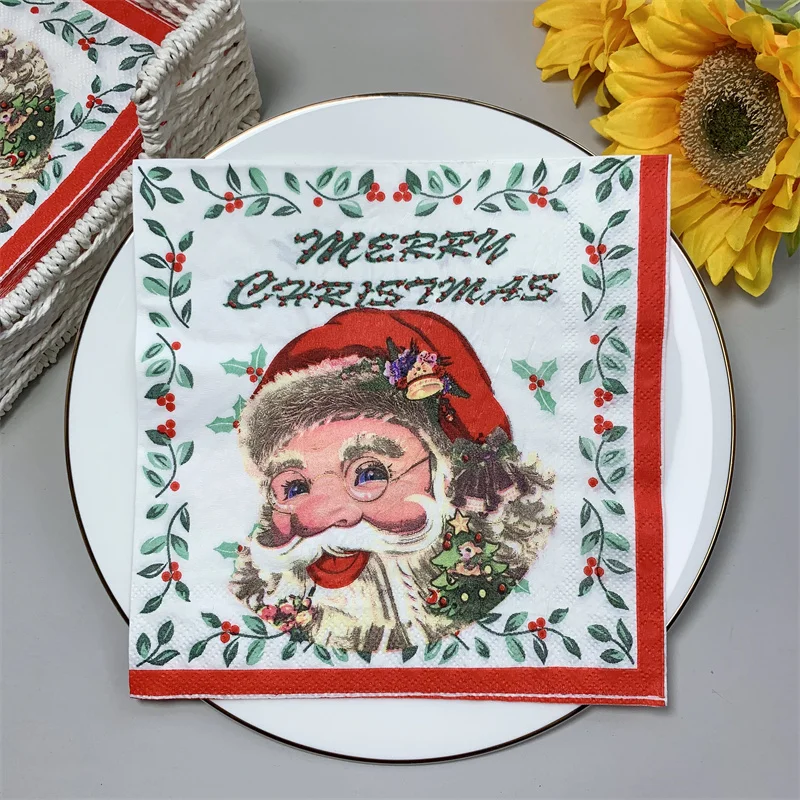 

2021 New 20Pcs/Bag Christmas Santa Claus Paper Napkins Xmas Winter Theme Decoupage Serviettes for Xmas Party Tableware Decor B