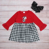 autumn girls clothes red long sleeve black plaid red bow yellow bell cow embroidery pattern girl dresses