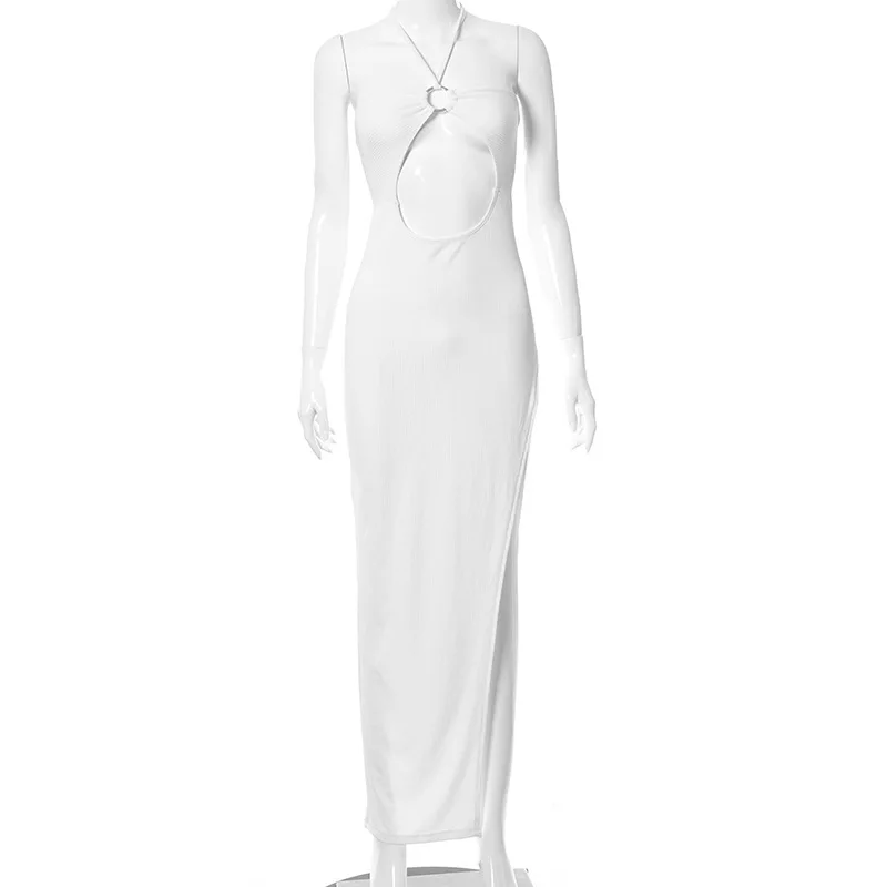 

Sexy Halter Bodycon Long Dress Women 2021 Summer Sleeveless High Waist Hllow Out White Black Khaki Party Ankle Length Dresses