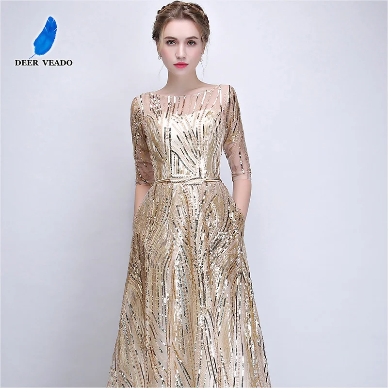 DEERVEADO Robe De Soiree, короткие рукава, Длинные вечерние платья с поясом, с блестками, торжественное платье для женщин, Платья для вечеринок YS449