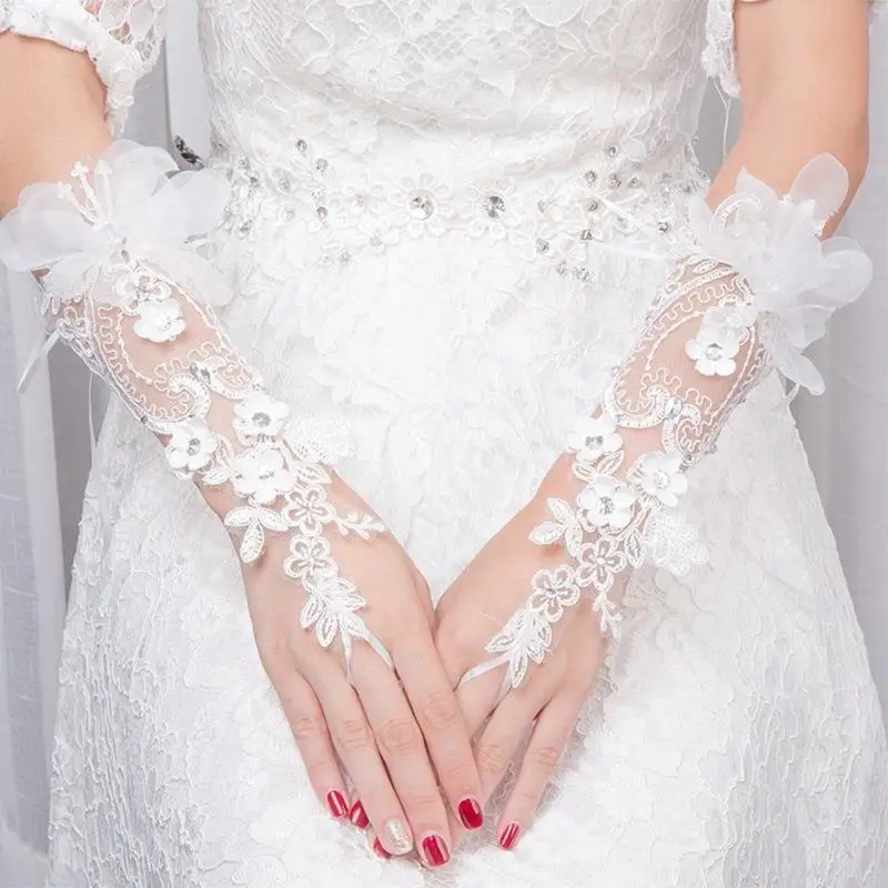 

Women Wedding Fingerless Gloves Lace Faux Pearl Floral Applique Bowknot Mittens Women Gloves Lace Gloves Etiquette Gloves