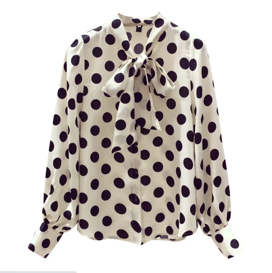 

JuiceSnow 2021 New Korean Slim Women Blouse Bowknot Polka Dot Lantern Sleeve Chiffon Shirt Female S-4XL Slimming Bottoming Shirt