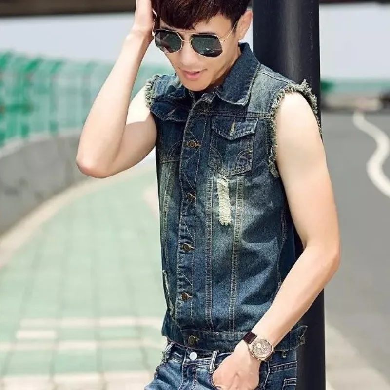 

Fashion Mens Slim Fit Sleeveless Hole Ripped Denim Vest Single Breasted Jeans Waistcoat Tank Jacket Outerwear 3XL Cowboy Vests