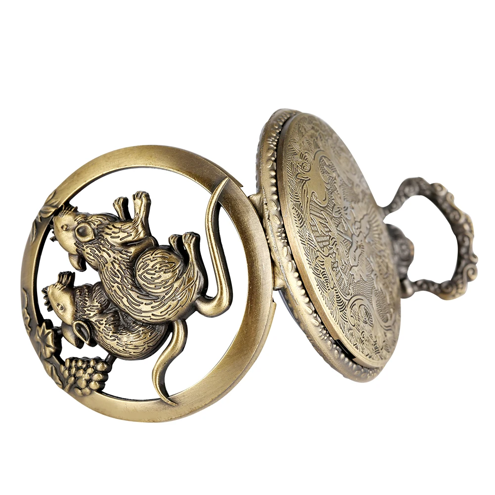 

Vintage Bronze Quartz Pocket Watch Chinese Zodiac Mouse Hollow-out Design Steampunk Arabic Numerals Clock Men Women Nice Gifts