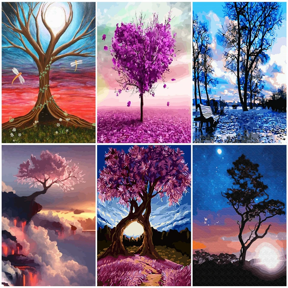 

AZQSD DIY Painting By Number Canvas Kits Tree Home Decoration Adult Coloring By Numbers Scenery Unframe Handpainted Gift