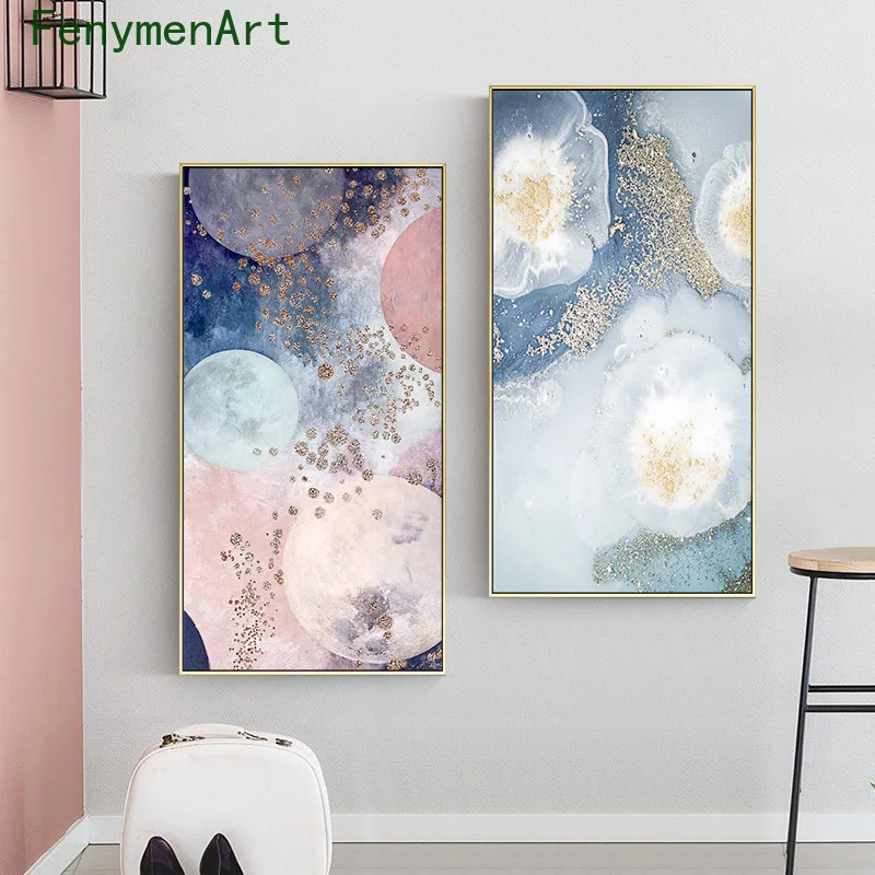

Abstract Pink Blue Space Flower Canvas Painting Gold Silver Geometric Poster Printing Nordic Wall Art Picture Aisle Home Decor