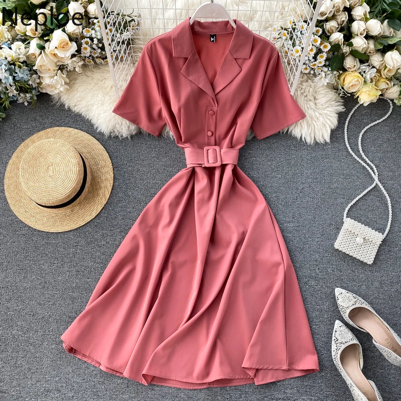 Женское однобортное платье с поясом Neploe весеннее отложным воротником и модель