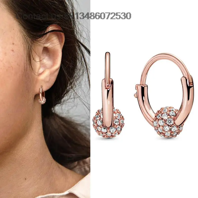 

New 925 Silver Rose Pave Bead Hoop Stud Earrings Fit Original Brand Diy Fine Jewelry Women Gift For Fine Earring Making