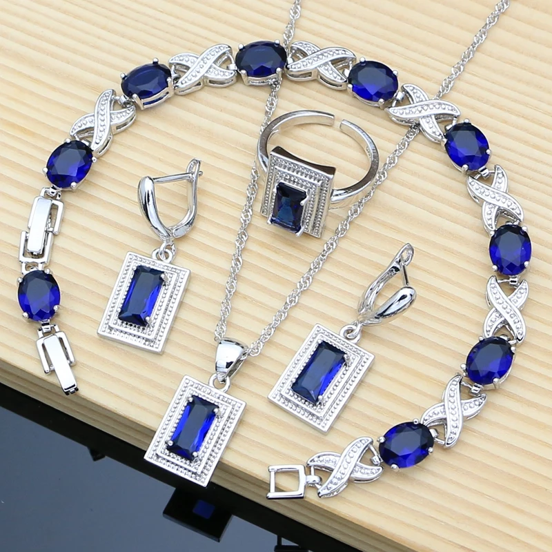 925 Silver Bride Jewelry Sets for Women Blue Sapphire Earrings Bracelet Resizable Ring Necklace Wholesale 6 Colors Birthstone