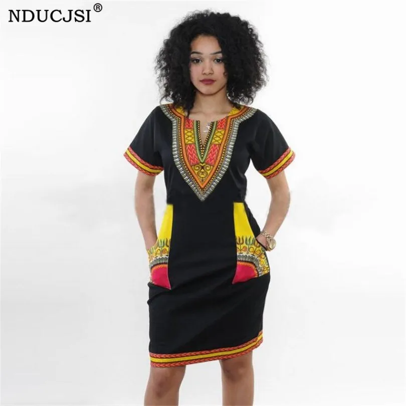 

Vestidos, платье большого размера, мини-туника, платье для женщин, летнее сексуальное платье с принтом, v-образный вырез, карман, пэчворк, облегаю...
