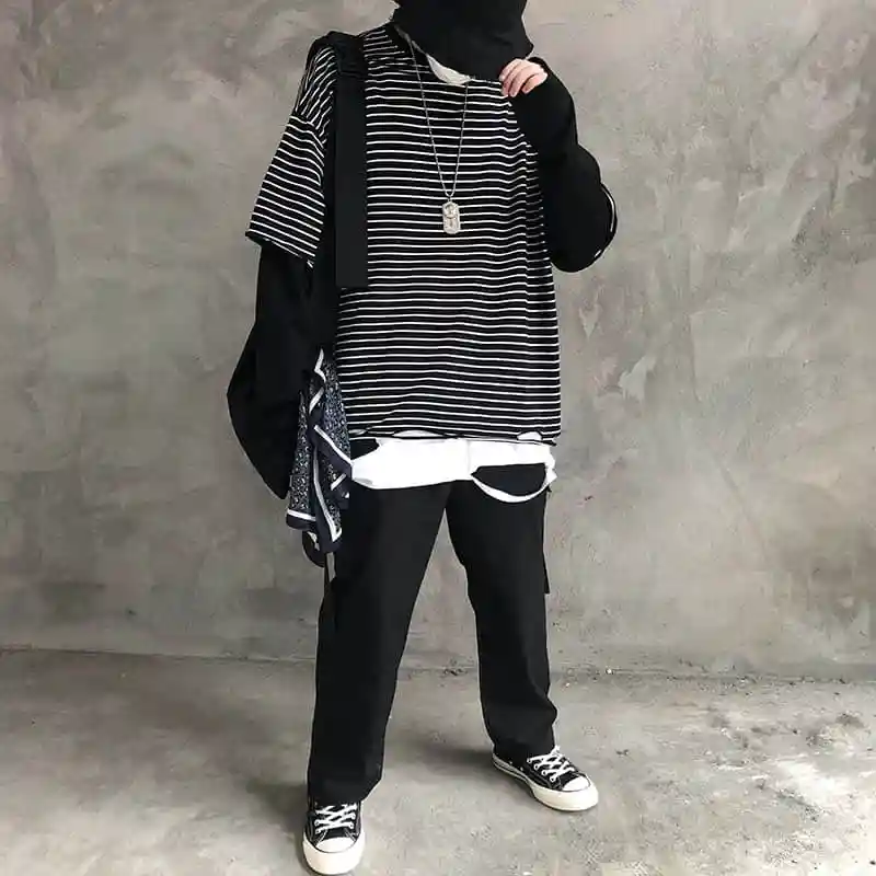 

NiceMix Ripped Hole Women Man Contrast Long Sleeve Striped Look Two Piece Style Loose Oversized T Shirt T-Shirt Street Korean Ha