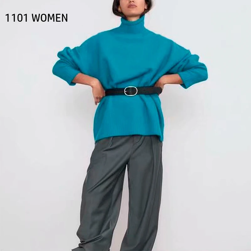 ZA новый весенний женский синий однотонный Водолазка с длинным рукавом Базовый