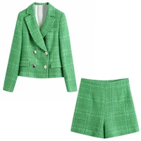 2021 za new women tweed texture 2 pieces set long sleeve notched neck blazer shorts suit chic lady fashion casual women suit