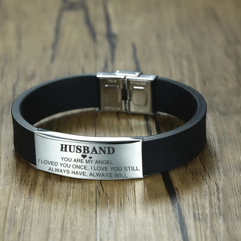 

Vnox Personalized Inof TO HUSBAND Bracelet Men Black Silicone Stainless Steel Jewelry Adjustable