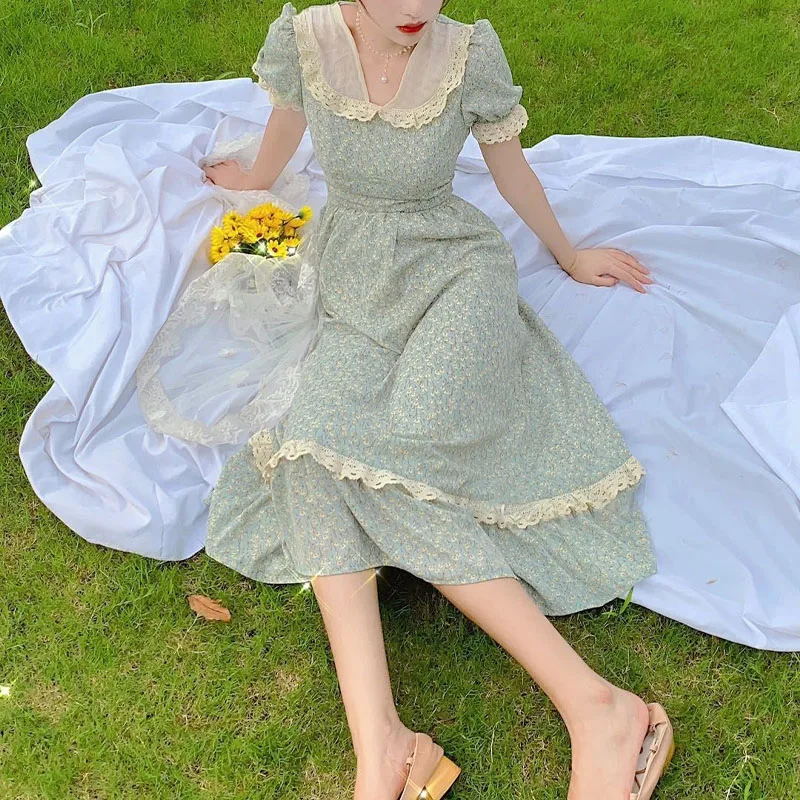 

Elegant Floral Fairy Midi Dress Women Sweet Print French Casual Vintage Party Dresses Beach Lace Kawaii Dress for New Year 2022