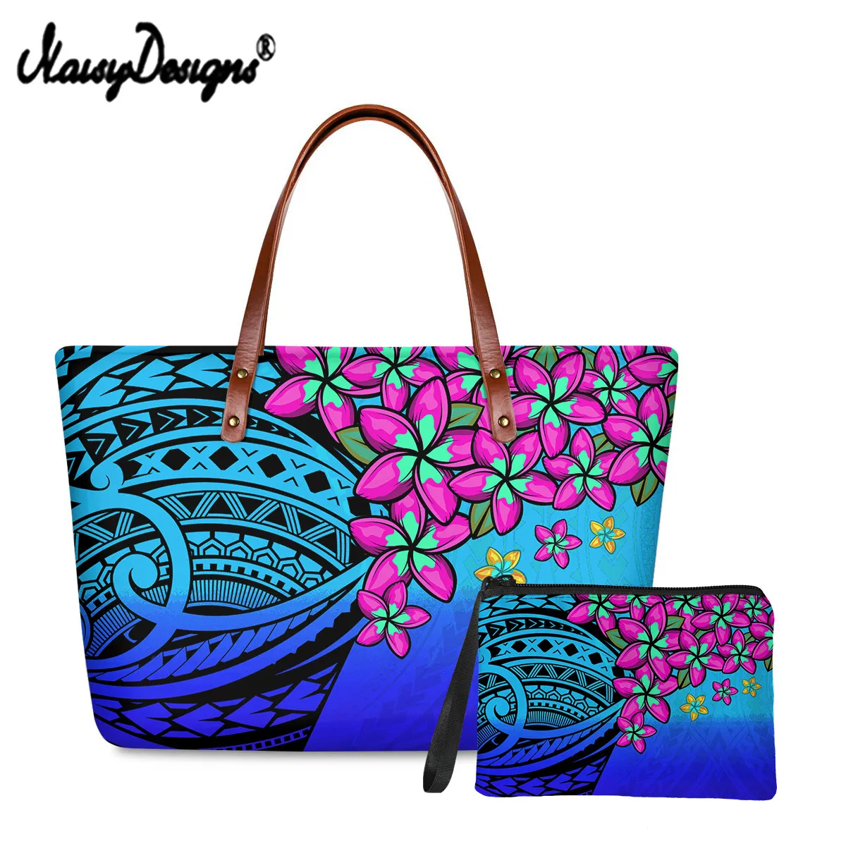 

Noisydesigns Polynesian Style Gradirnt Plumeria Pattern Shoulder Bag With Purse For Womens Large Capacity Handbags Clutch Wallet
