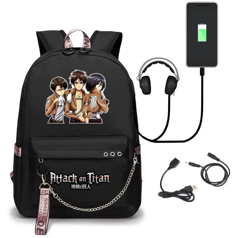 Attack on Titan Backpack Eren Cosplay Bag Shingeki No Kyojin USB Charging Schoolbag Unisex Daily Mochila Halloween Carnival | Багаж и